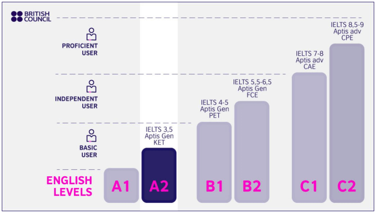 Gráfico de niveles que muestra que el nivel de inglés A2 indica el control de las competencias básicas 